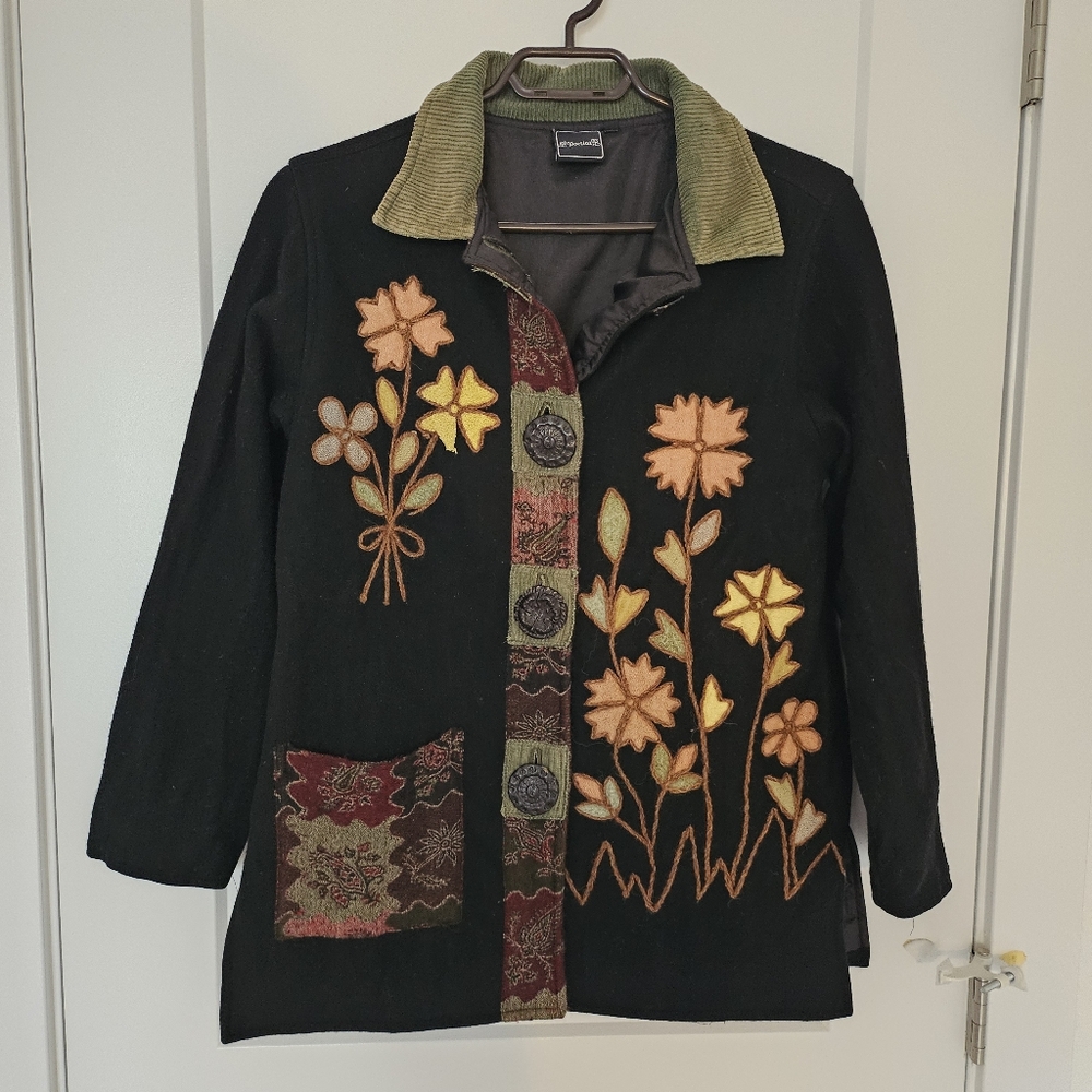 Vintage Felt Wool Floral Crewel Embroidery Jacket Pocket Patch Corduroy Collar